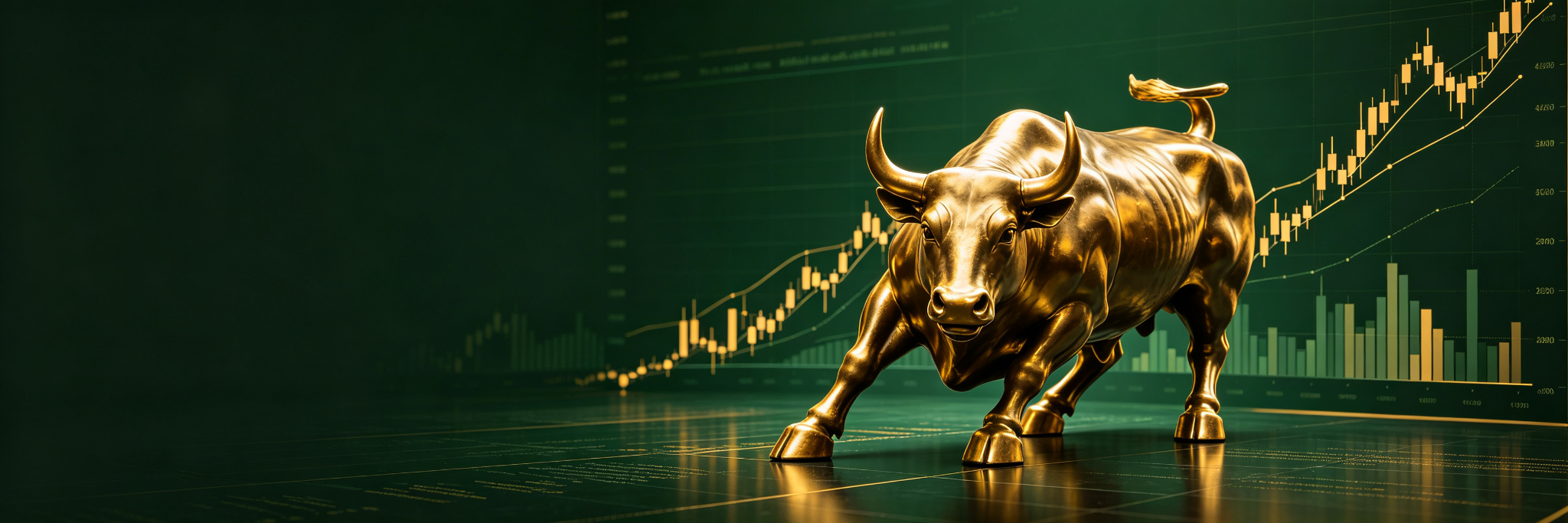 Gold charging bull against a rising market
